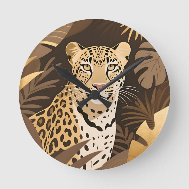 Golden Leopard Jungle Boho Wildlife  Round Clock (Front)