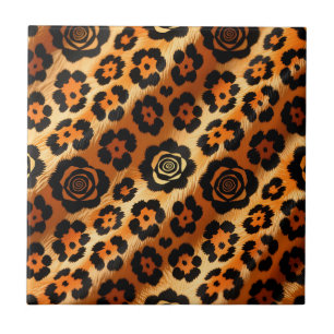 Golden Leopard Rose Animal Print Ceramic Tile