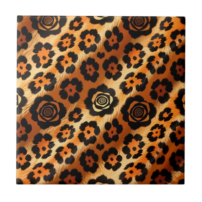 Golden Leopard Rose Animal Print Ceramic Tile (Front)