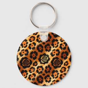 Golden Leopard Rose Animal Print Key Ring