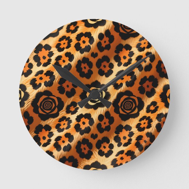 Golden Leopard Rose Animal Print Round Clock (Front)