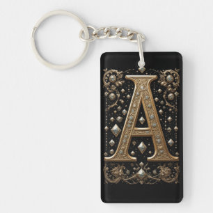 Golden Letter A With Gemstones Baroque Embellishme Key Ring