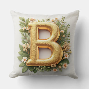 Golden Letter B Surrounded by Floral Arrangements Cushion