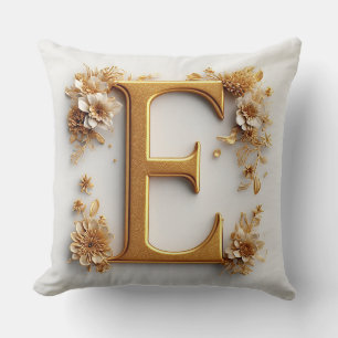 Golden Letter E Floral Monogram Elegant Style 🌸 Cushion