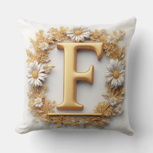 Golden Letter F Floral Wreath Personalised Style Cushion