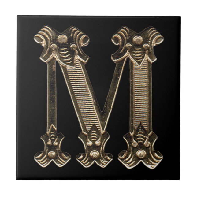 Golden Letter M Initial or Monogram on Black Ceramic Tile (Front)