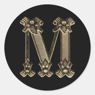 Golden Letter M Initial or Monogram on Black Classic Round Sticker