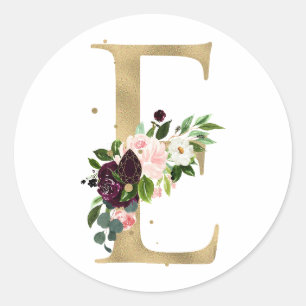 Golden letter MONOGRAMM boho burgundy flowers   Cl Classic Round Sticker