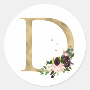 Golden letter MONOGRAMM boho burgundy flowers Cla Classic Round Sticker