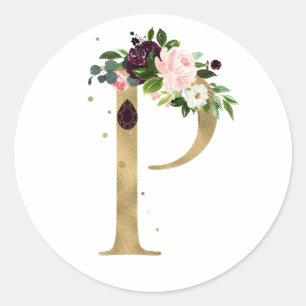 Golden letter MONOGRAMM boho burgundy flowers  Cla Classic Round Sticker