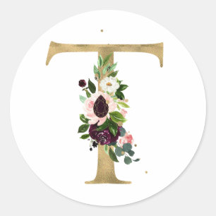 Golden letter MONOGRAMM boho burgundy flowers  Cla Classic Round Sticker