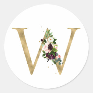 Golden letter MONOGRAMM boho burgundy flowers  Cla Classic Round Sticker