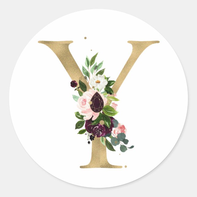 Golden letter MONOGRAMM boho burgundy flowers  Cla Classic Round Sticker (Front)