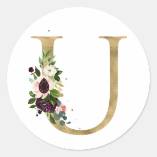 Golden letter MONOGRAMM boho burgundy flowers  Cla Classic Round Sticker