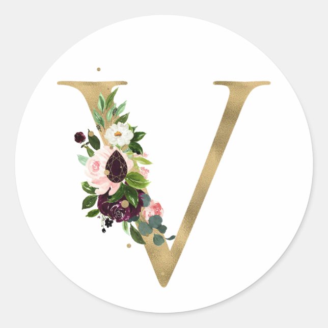 Golden letter MONOGRAMM boho burgundy flowers  Cla Classic Round Sticker (Front)