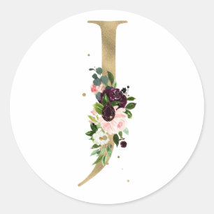 Golden letter MONOGRAMM boho burgundy flowers Classic Round Sticker
