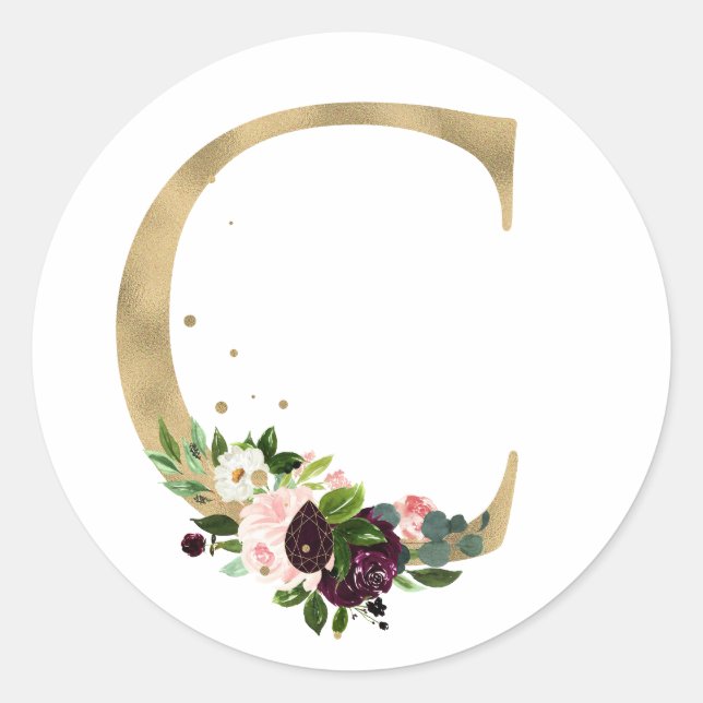 Golden letter MONOGRAMM boho burgundy flowers  Classic Round Sticker (Front)