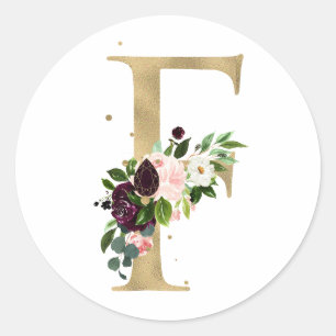 Golden letter MONOGRAMM boho burgundy flowers Classic Round Sticker