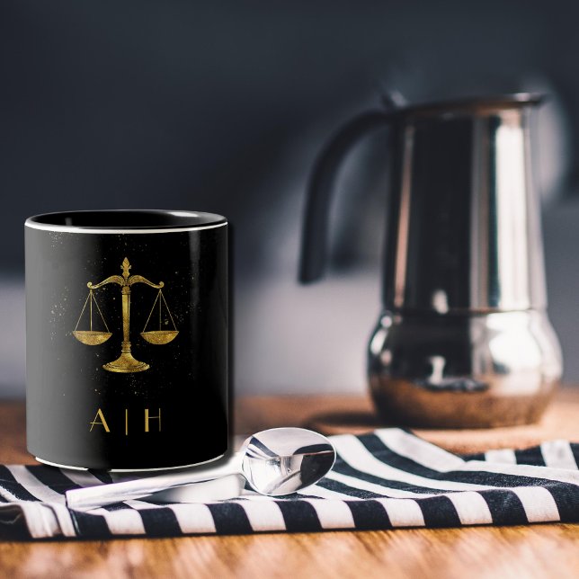 Golden Libra Zodiac Design – Personalised Monogram Two-Tone Coffee Mug (Creator Uploaded)