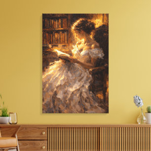 Golden Library Glow: Visual Impasto Style Canvas Print