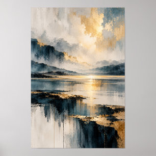 Golden Light Abstract Mountain Lake Wall Art