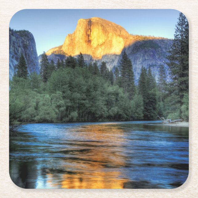 Golden Light on Half Dome Square Paper Coaster (Front)