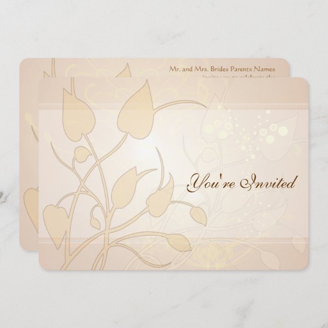 Golden Lights Swirl Leaves Wedding Invitation (Front/Back)