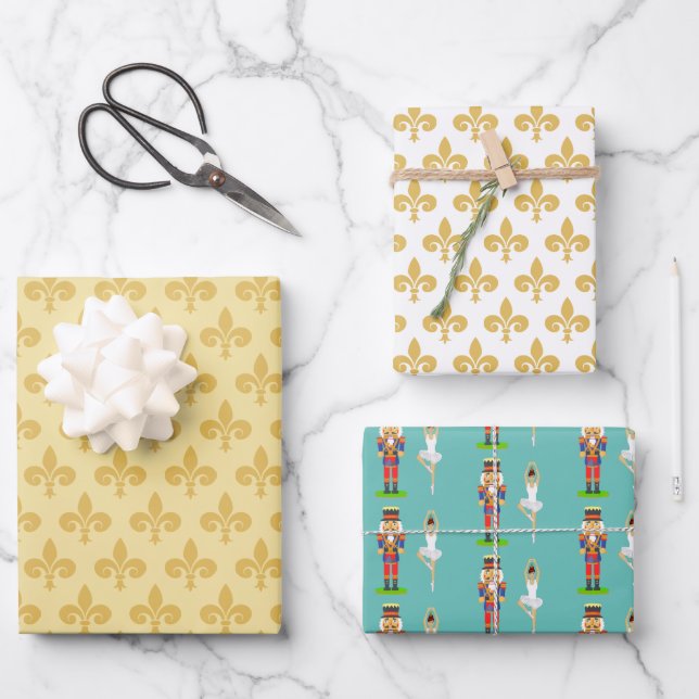 Golden Lily Flowers, Nutcracker and Ballet Dancer Wrapping Paper Sheet (Front)