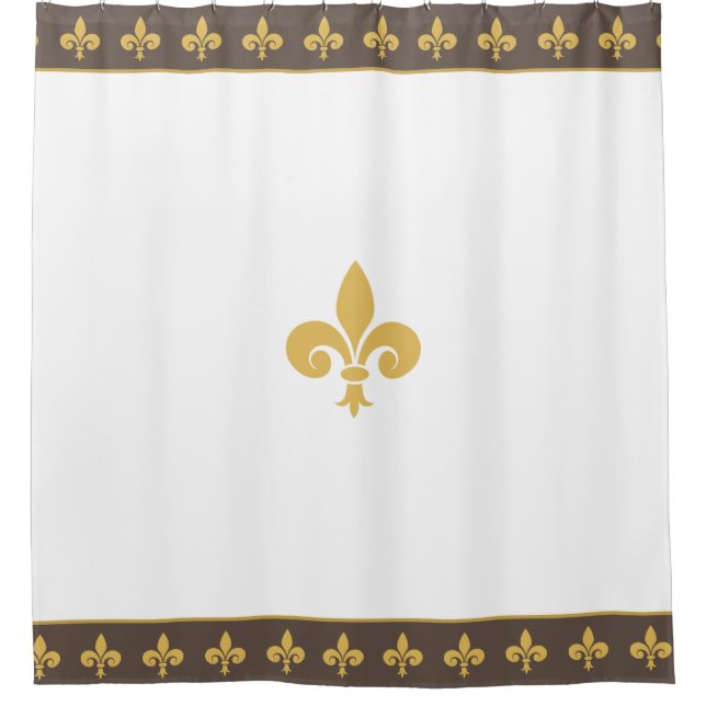 Golden lily flowers on brown and white shower curtain (Front)