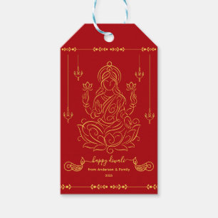 Golden Line Art of Goddess Lakshmi on Lotus Gift Tags