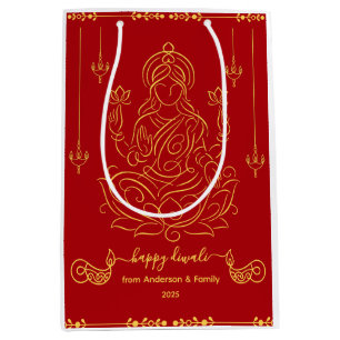 Golden Line Art of Goddess Lakshmi on Lotus Medium Gift Bag