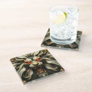 Golden Lion Head with Piercing Red Eyes Glass Coaster