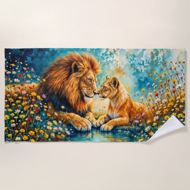 Golden Lion Lioness colourful wildflowers Beach Towel (Front)