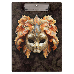 Golden Lion Mask with a Orange Feathers Clipboard