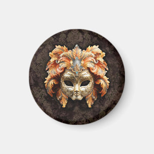 Golden Lion Mask with a Orange Feathers  Magnet
