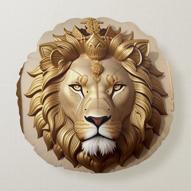 Golden Lion Medallion With Crown Round Cushion (Front)