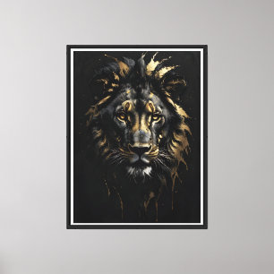 Golden Lion Outline on Black Canvas – Majestic Wal Print