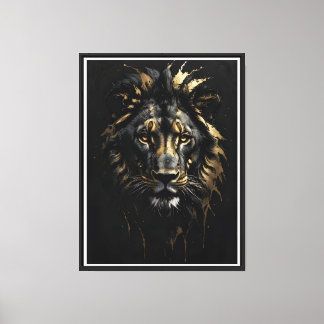 Golden Lion Outline on Black Canvas – Majestic Wal Print