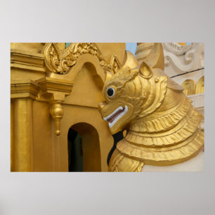 Golden Lion Statue At Temple Poster