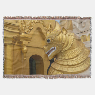 Golden Lion Statue At Temple Throw Blanket