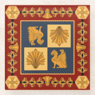 Golden lions: Art Nouveau scarf design Glass Coaster