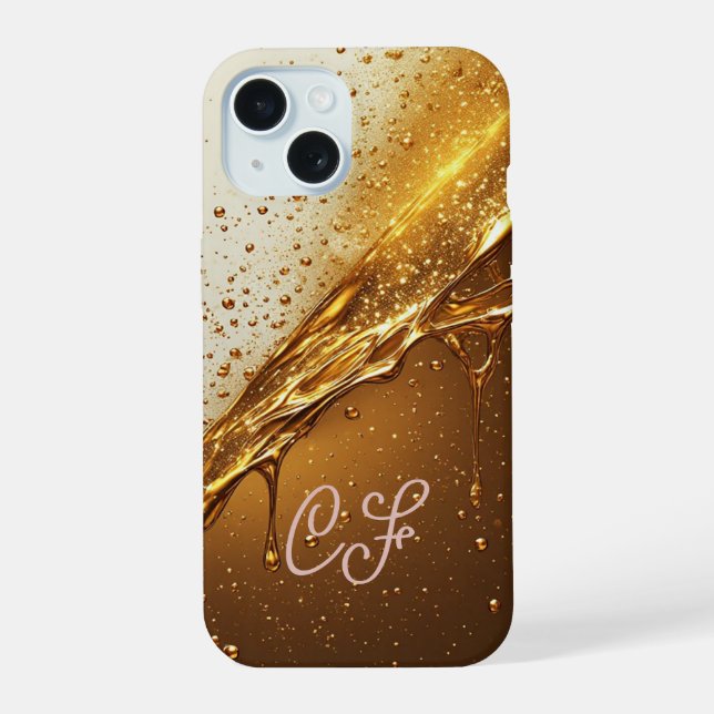 Golden Liquid Drip With Glittering Particles iPhone 15 Case (Back)