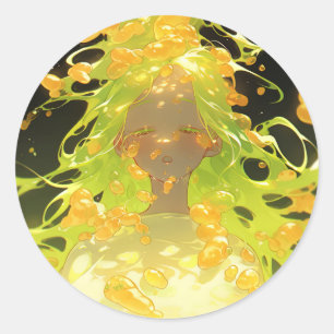 Golden Liquid Fantasy Anime Girl Classic Round Sticker