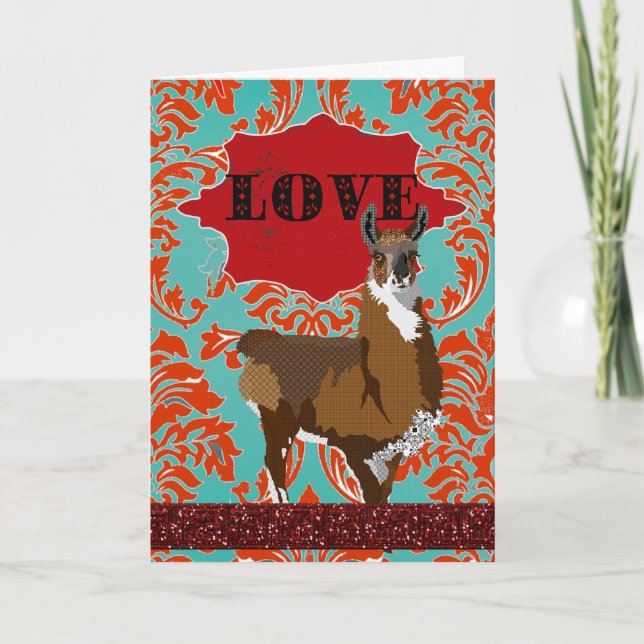 Golden Llama Love Red Damask Greeting Holiday Card (Front)