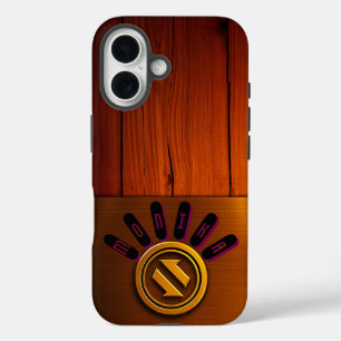 Golden Logo on Rich Wood Background iPhone 16 Case