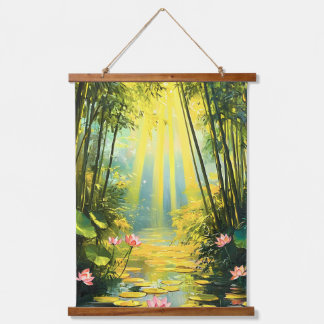 Golden Lotus Bamboo Forest Watercolor Hanging Tapestry