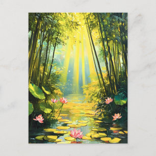 Golden Lotus Bamboo Forest Watercolor Holiday Postcard