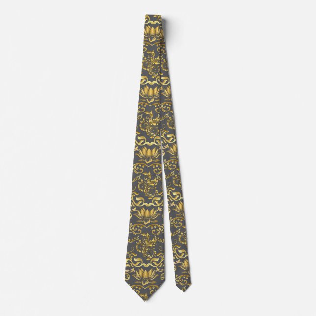 Golden Lotus & floral Pattern 2508.DGrey BG Tie (Front)
