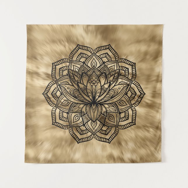 Golden Lotus Flower Mandala Tapestry (Front)