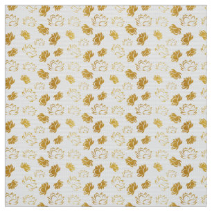 Golden Lotus Flower Pattern on white Background Fabric